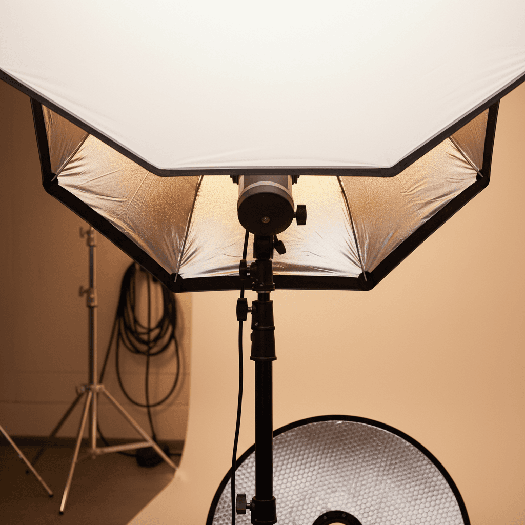 Close-up detail of professional softbox lighting equipment in studio setting with warm atmospheric glow