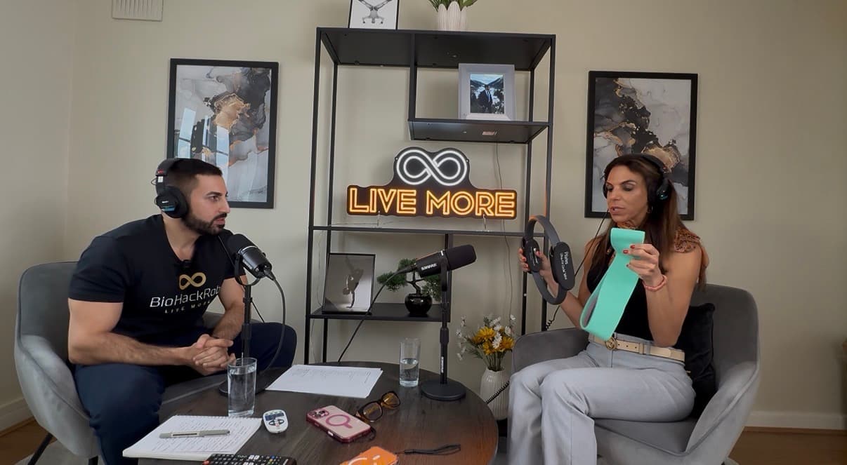 Man and woman recording a podcast; woman demonstrates a Pilates ring and resistance band.