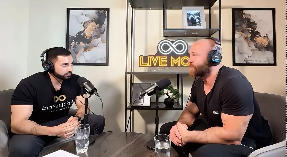 Two muscular men wearing headphones record a podcast interview at a table with microphones.
