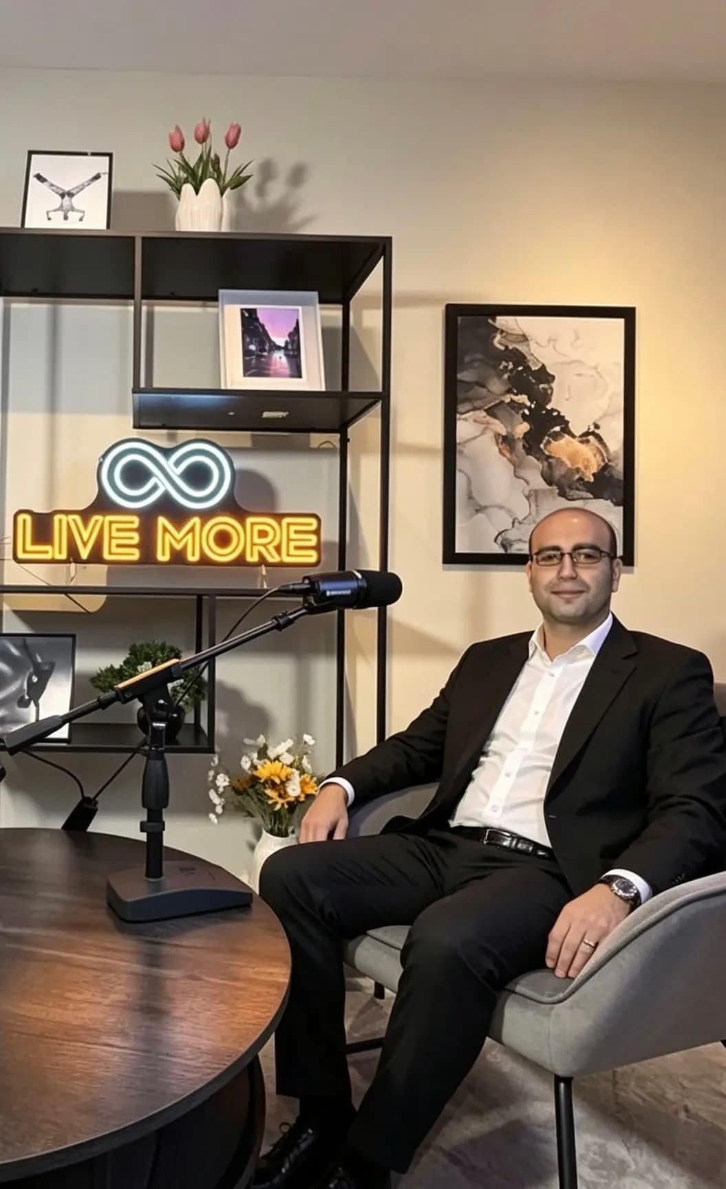 Man in a black suit sits before a microphone with a 'LIVE MORE' neon sign.